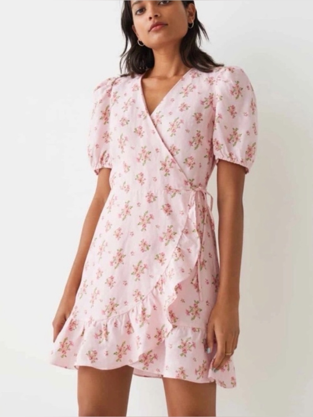 Women’s Pink Floral Wrap Mini Dress with Puff Sleeves